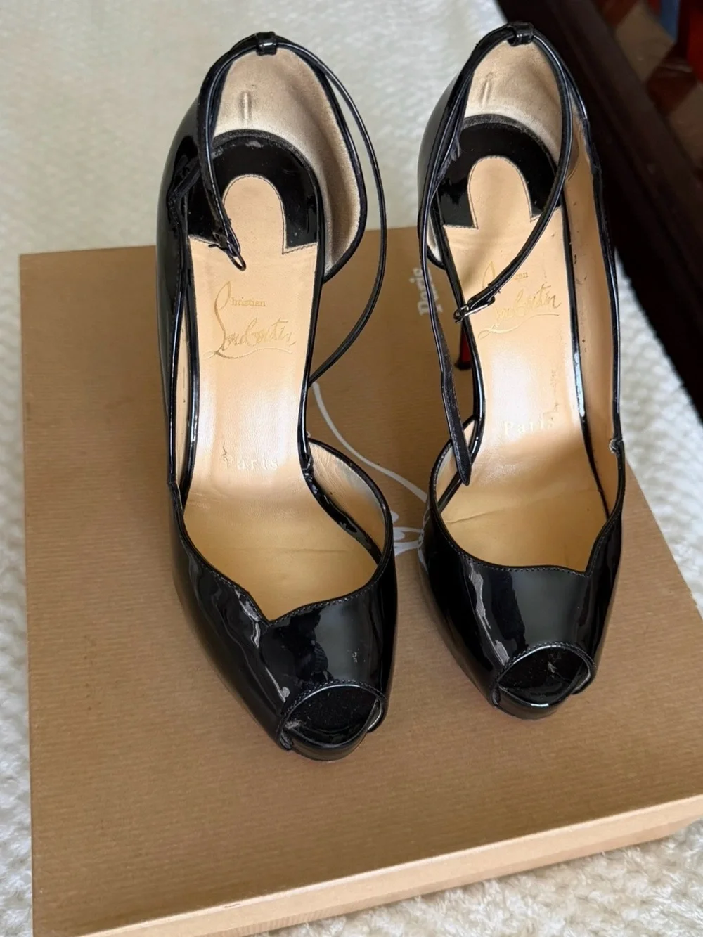 Christian Louboutin Black Patent Peep-Toe Strappy Heels